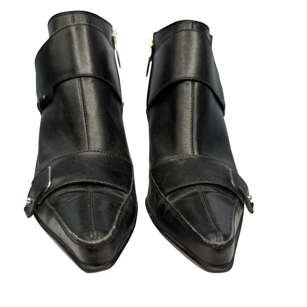 Sergio Rossi Black Leather Pointed Toe Buckle Ankle Boots Heels Size 9 US
